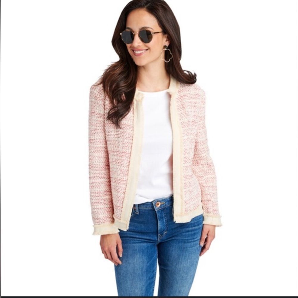 Vineyard Vines Textured Fringe Jacket Red Cream Tweed Open Front Womens Large